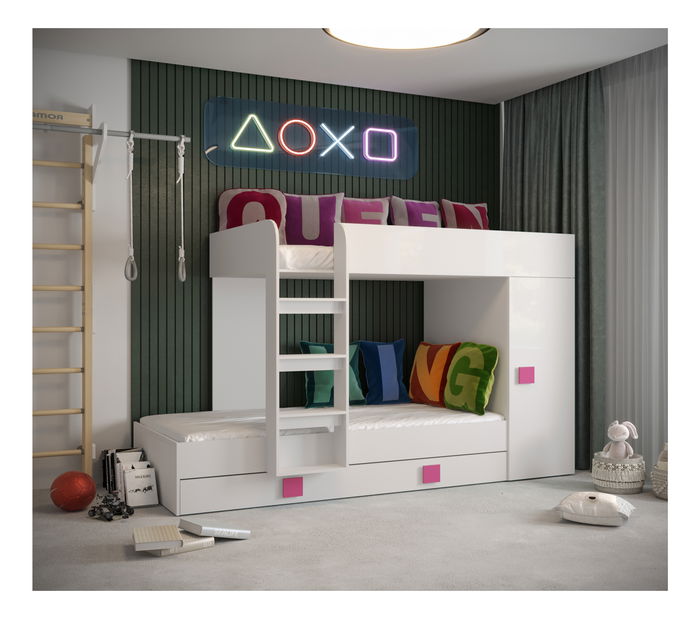 Pat multifuncțional 90 cm Toreno 2 (Alb + alb lucios + mânere roz lucios)