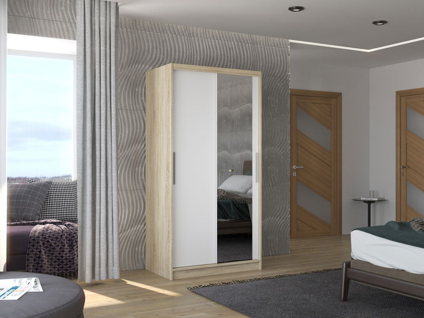 Ormar za garderobu Beral (hrast sonoma + bijela) (s ogledalom)