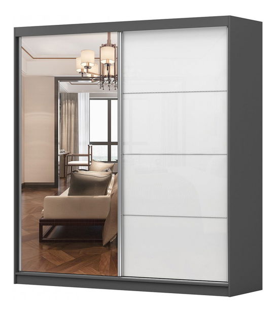 Šatníková skriňa Mebur 35 200 (grafit + zrkadlo + lesk biely)