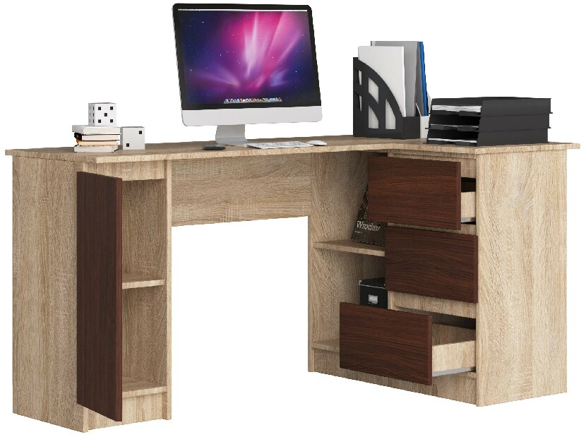 Rohový PC stolík Bevin (dub sonoma + wenge) (P)