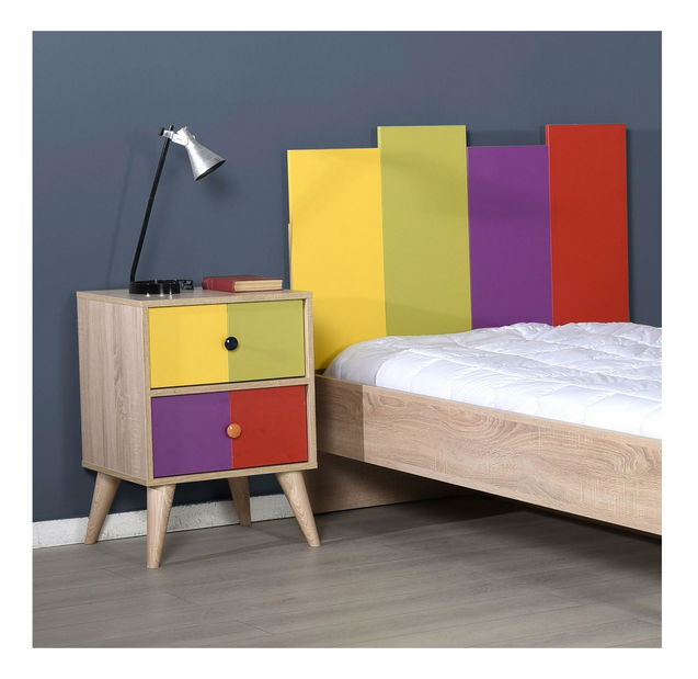 Nočný stolík Kiran 2 (dub + viacfarebné)