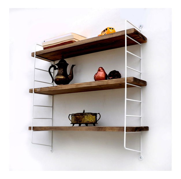 Dekoratívna nástenná polica Duvelo 6 (biela + orech) 