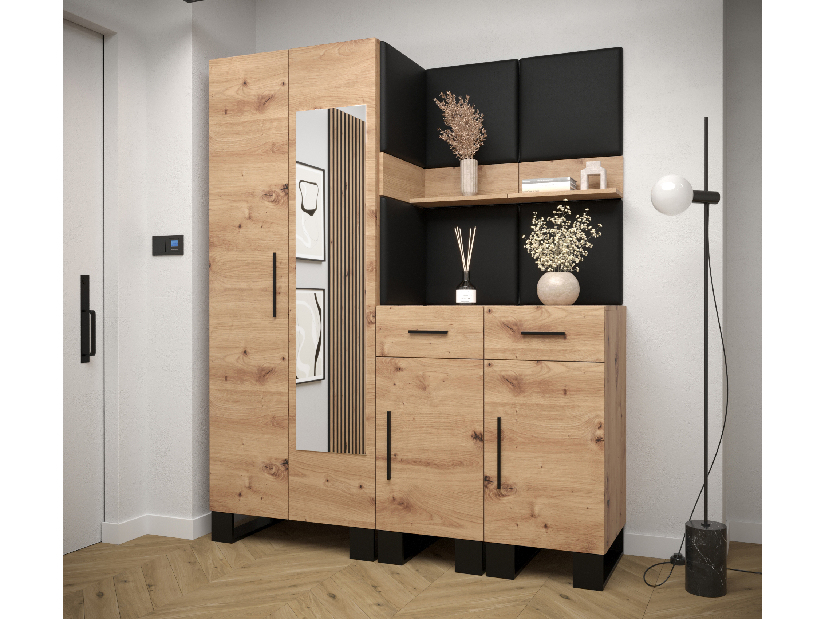 Set mobilier pentru hol Amanda 15 (Stejar artisan + piele ecologică Negru)