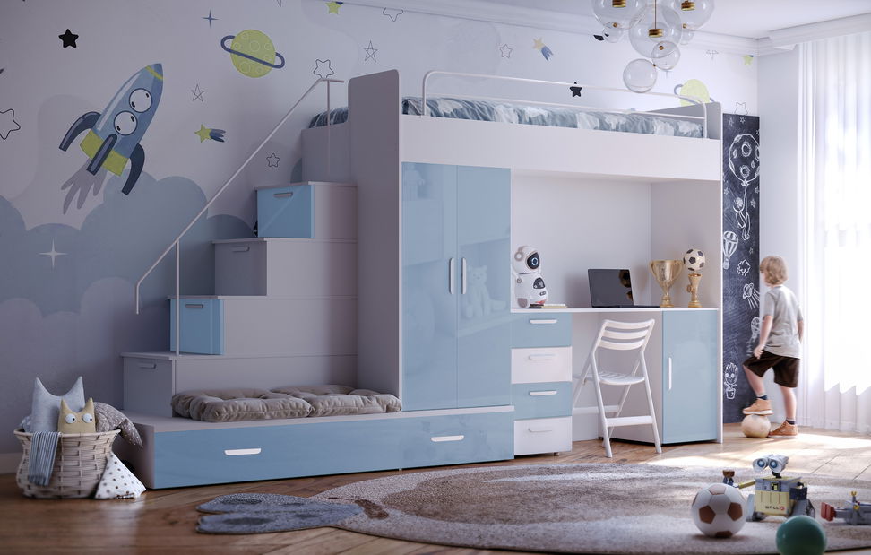 Detská posteľ Ruby V (biela + lesk svetlomodrý) (s roštami)