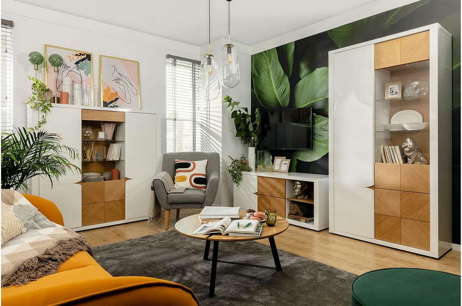 Mobilier living Rovika 1 (alb lucios + stejar prírodný) (cu iluminat)