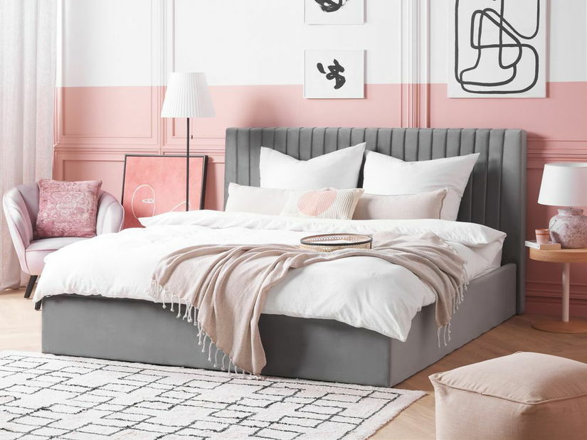 Manželská posteľ 180 cm Vakarine (sivá) (s roštom a úložným priestorom)