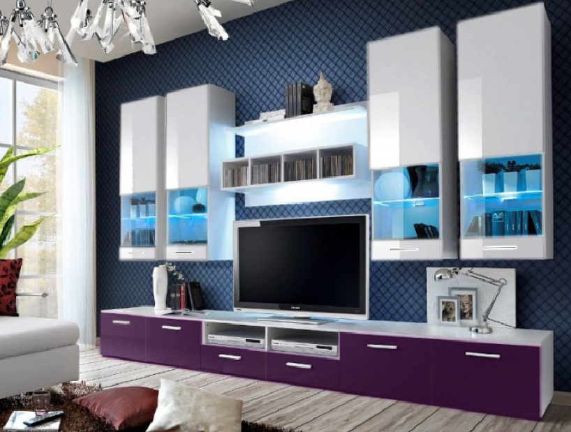 Mobilier living Aston 2 (alb + violet) (cu iluminat)