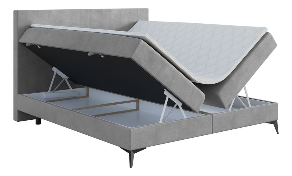 Pat matrimonial Boxspring 160 cm Ricky (gri) (cu saltea și sp. depozitare)