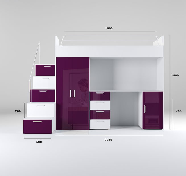 Detská posteľ Ruby IV S (Biela + Fialová) (s roštami)