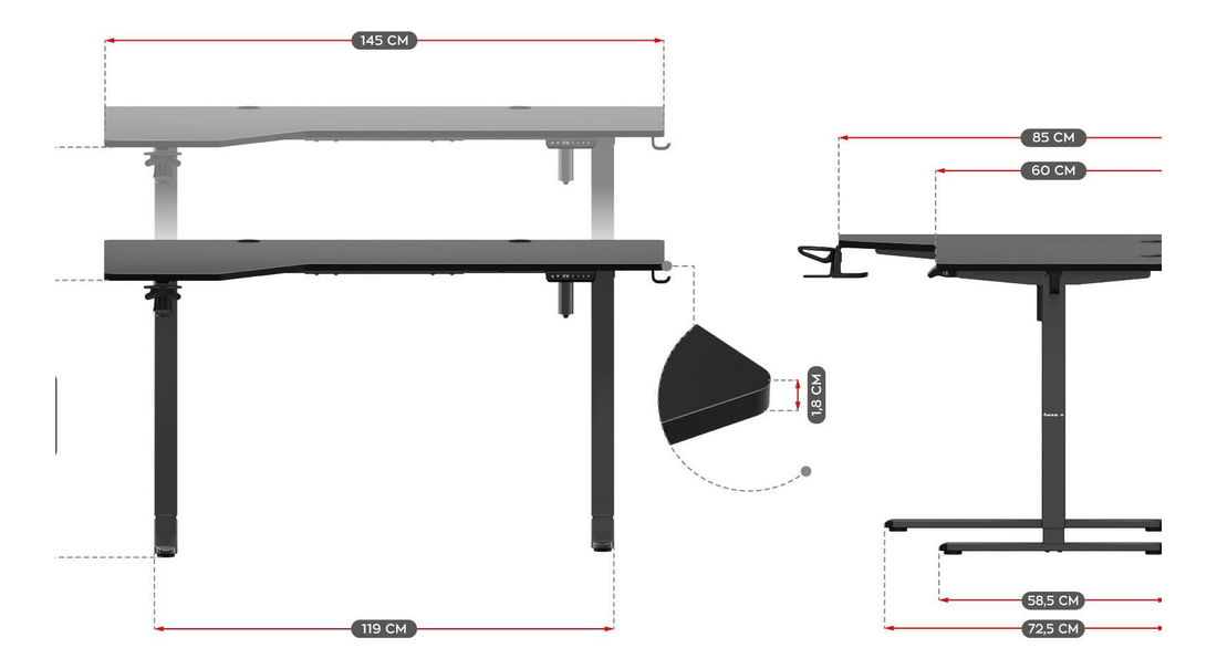 Masă PC de colț reglabilă electric Hyperion 9.1 (negru) *vânzare