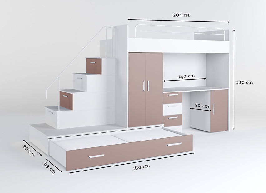 Pat pentru copii Ruby V (alb + roz) (cu somiere)