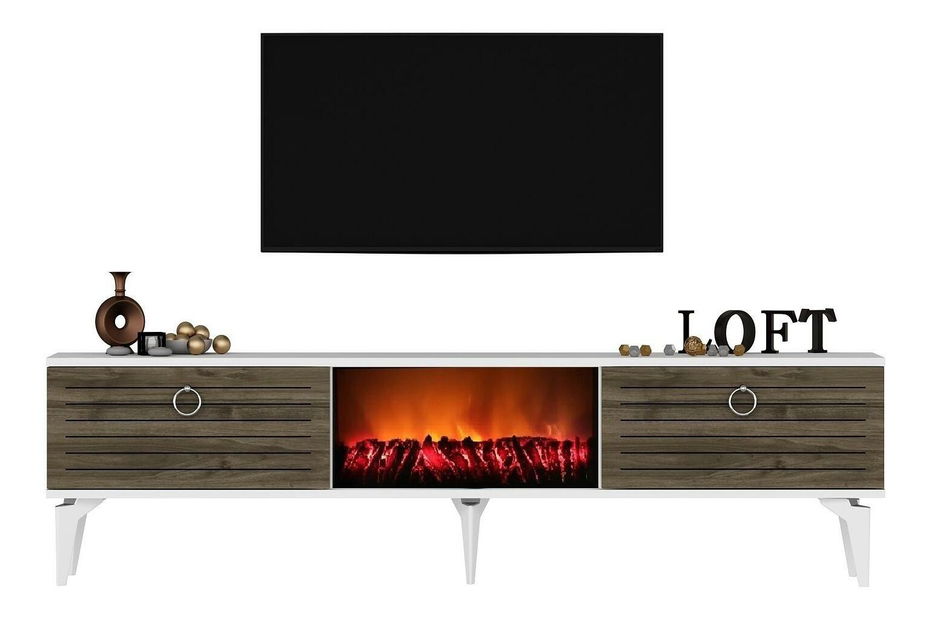 TV stolić/ormarić s kaminom Sulotu 2 (bijela + orah)
