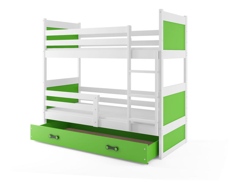 Krevet na kat 80 x 190 cm Ronnie B (bijela + zelena) (s podnicom, madracem i prostorom za odlaganje)