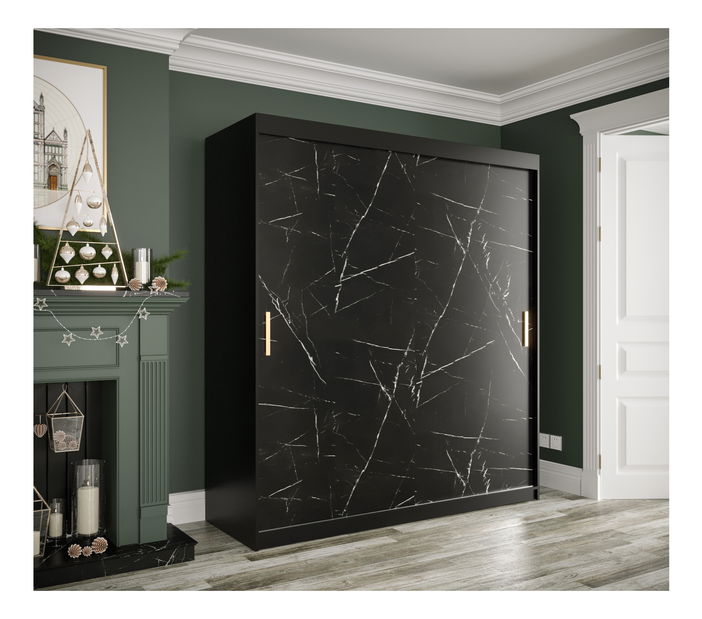 Šatníková skriňa 180 cm Marbelo T (matná čierna + čierny mramor)