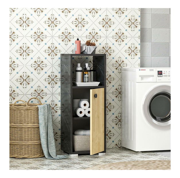 Kúpeľňová skrinka Satadu 1 (mramor čierny + dub zafírový) 