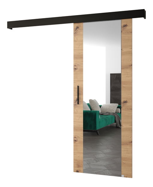 Uși culisante 90 cm Sharlene II (stejar artisan + negru mat + negru) (cu oglindă)