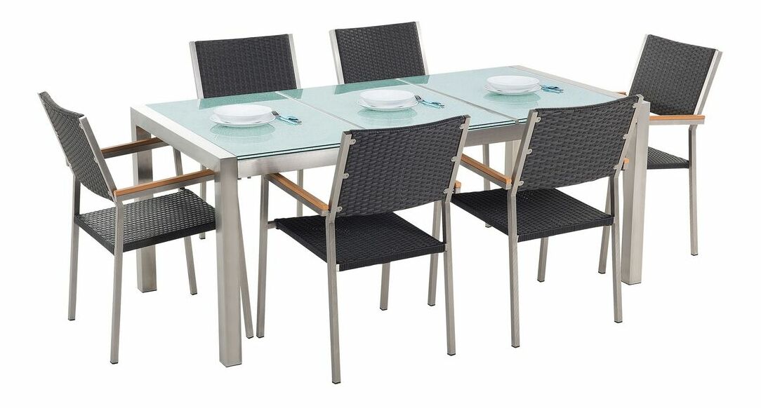 Záhradná jedálenská sada Grosso (čierna) (sklenená doska 180x90 cm) (ratanové stoličky) (žula)