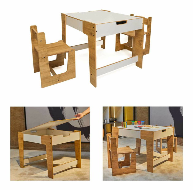 Set detský stolík a 2 stoličky Pidili 5 (biela + naturálna)
