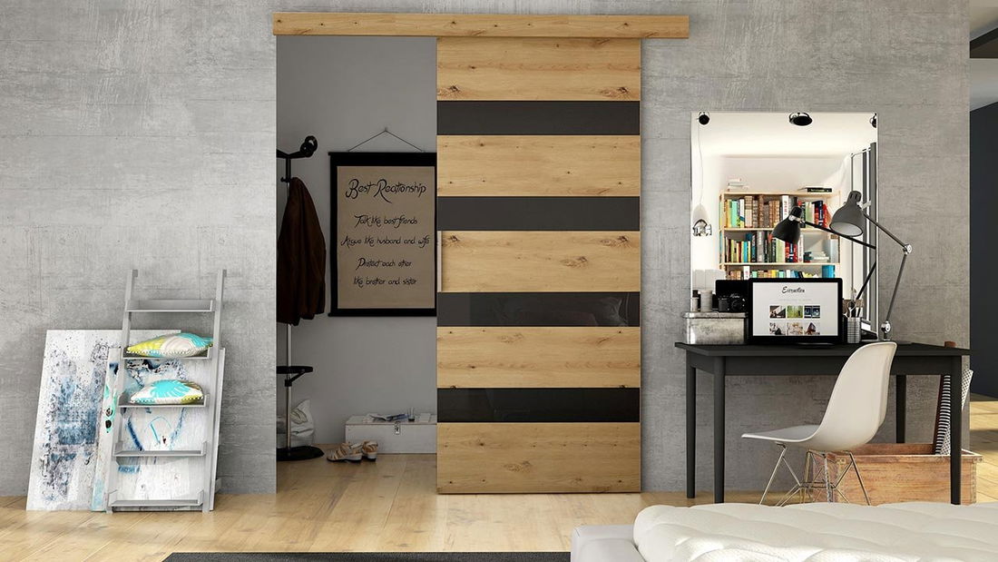 Uși culisante Ravina V (stejar artisan + negru)