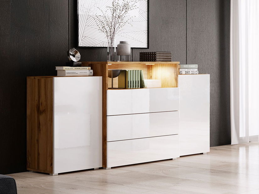 Kombinirana komoda Freya III (wotan + bijeli sjaj) (bijela LED rasvjeta)