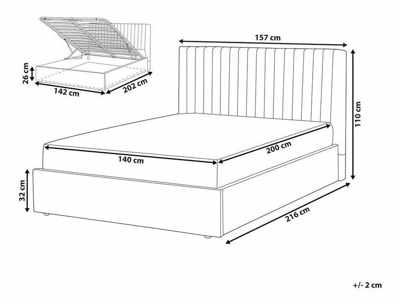 Pat matrimonial 140 cm Vakarine (gri) (cu somieră și sp. depozitare)