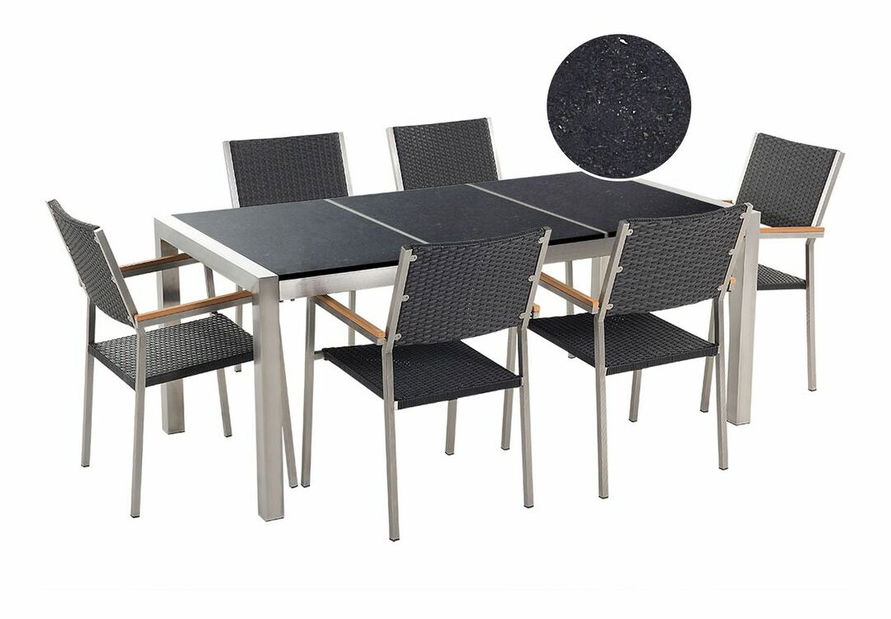 Záhradná jedálenská sada Grosso (čierna) (ratanové stoličky) (pre 6 osôb) (žula)