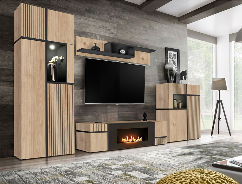 Mobilier living Carlyn HJZ CS-K (Stejar jackson hickory + Negru) (cu iluminat) (cu bioșemineu)