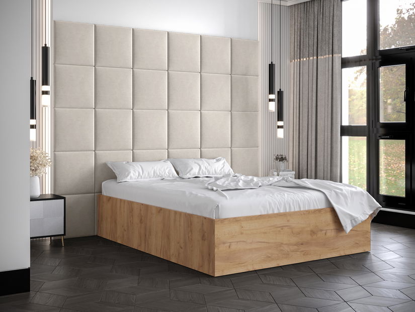 Pat matrimonial cu tăblie tapițată 160 cm Brittany 3 (Stejar craft auriu + crem) (cu somieră)