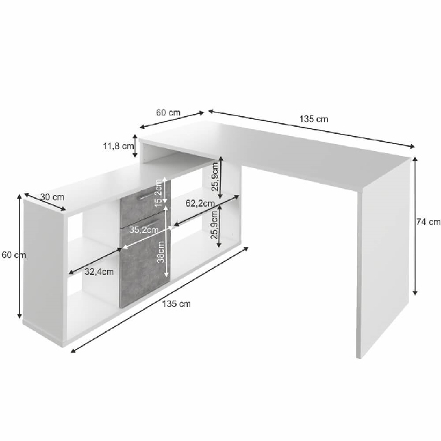 Számítógépasztal Noe new (fehér + beton)