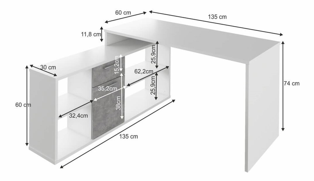 Számítógépasztal Noe new (fehér + beton)