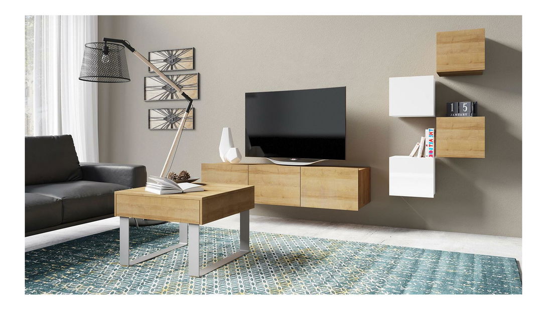 Mobilier living Calabria 2 (alb mat + alb lucios + stejar auriu)