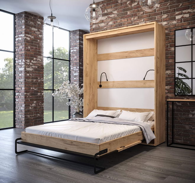 Lenyitható szekrényágy 160 Cassie (arany craft + matt fekete) (vertikális) (világítással)