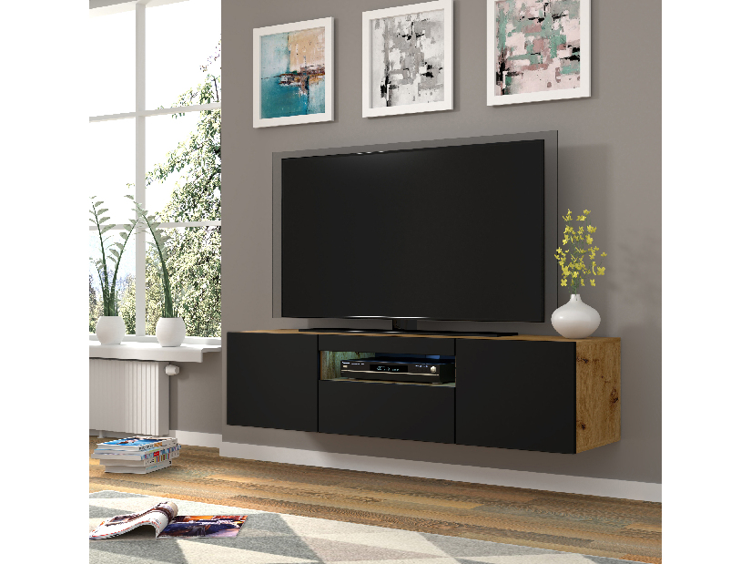 TV stolík/skrinka Aurinko 150 (dub artisan + matná čierna) (s osvetlením)