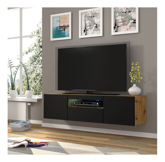 Masă TV/Dulap Aurinko 150 (Stejar artisan + Negru mat) (cu iluminat)