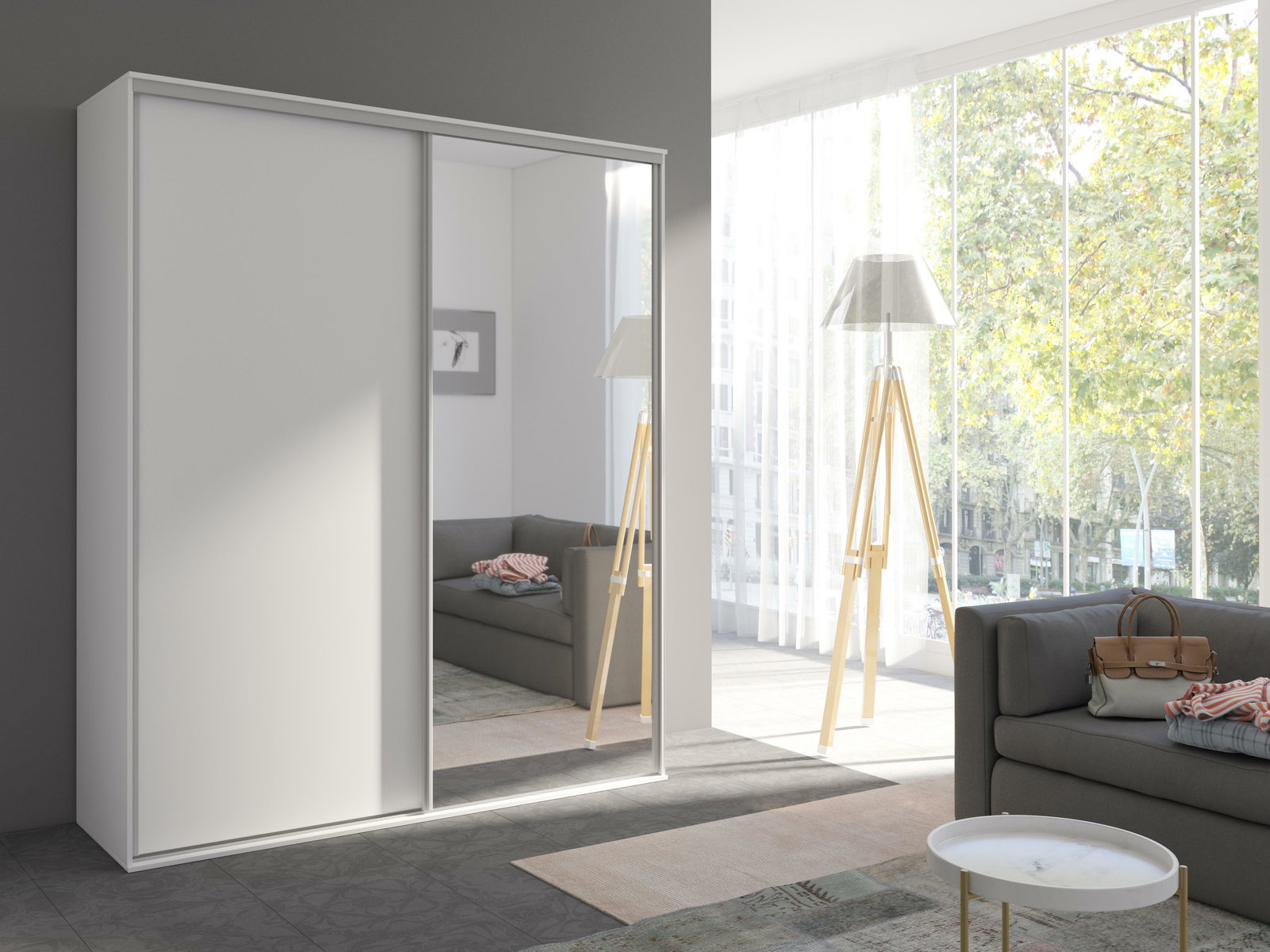 Dulap de haine cu uși glisante Gantera 1 B (alb) (cu oglindă)