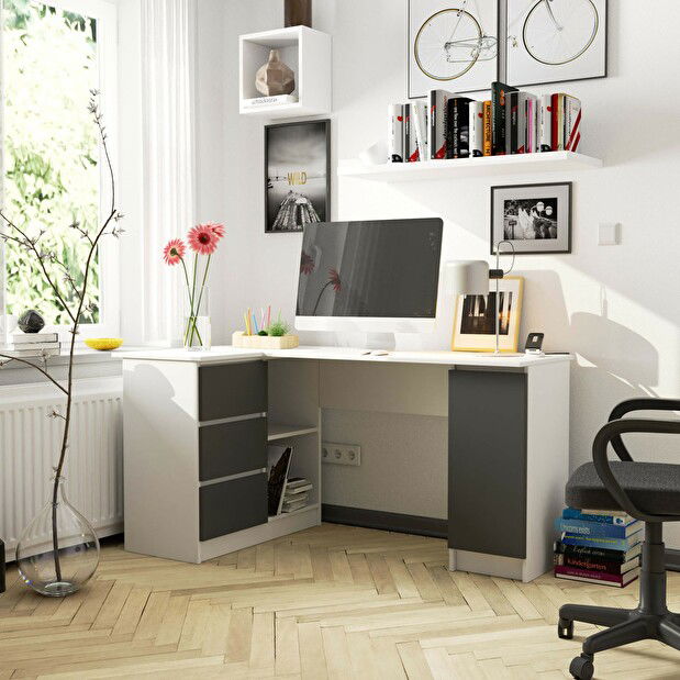 Sarok PC asztal Bienvenida (fehér + grafit) (L)