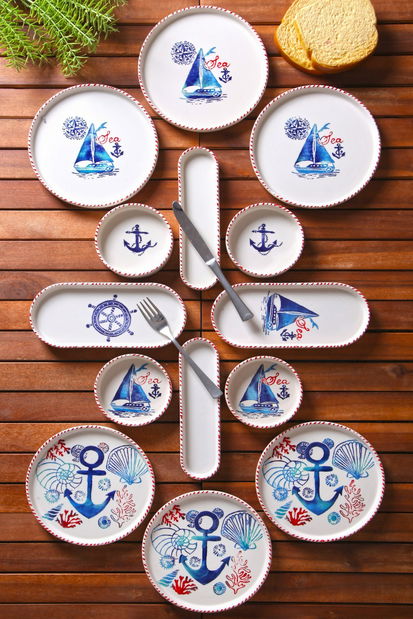 Set farfurii mic dejun (14 Buc.) Kashmere (Alb + Albastru + Roșu)