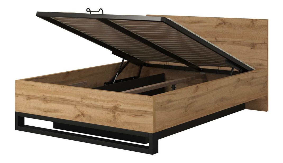 Pat matrimonial Helles 140 (stejar wotan + Negru) (cu grătar) (cu sp. depozitare)