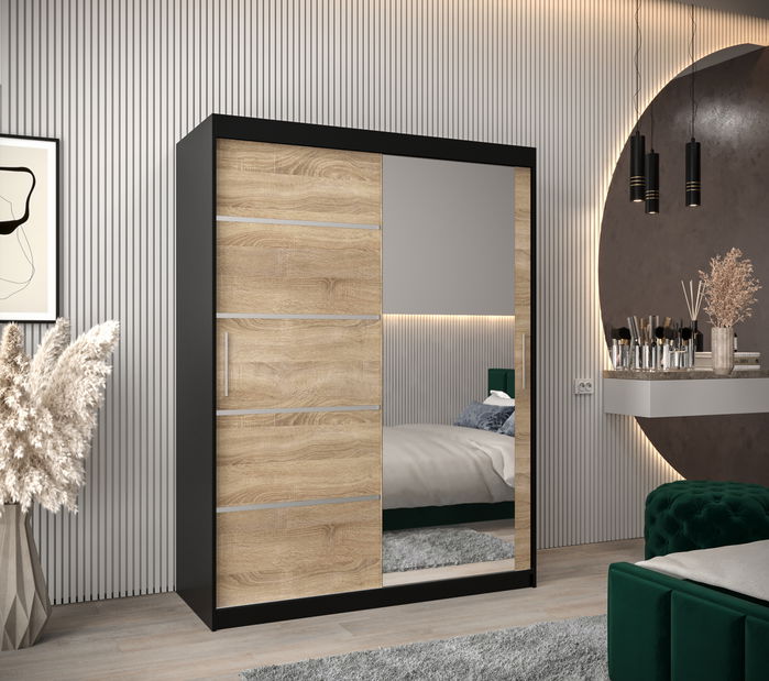 Šatníková skriňa 180 cm so zrkadlom Verika 2 180 (čierna + dub sonoma)