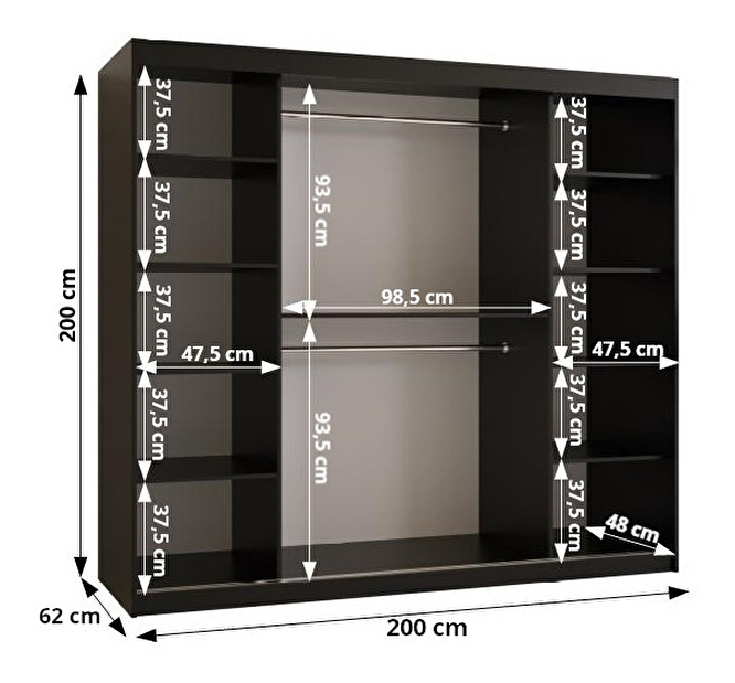 Ormar za garderobu Riven 2 200 (bijela mat + crna mat) (s ogledalom)