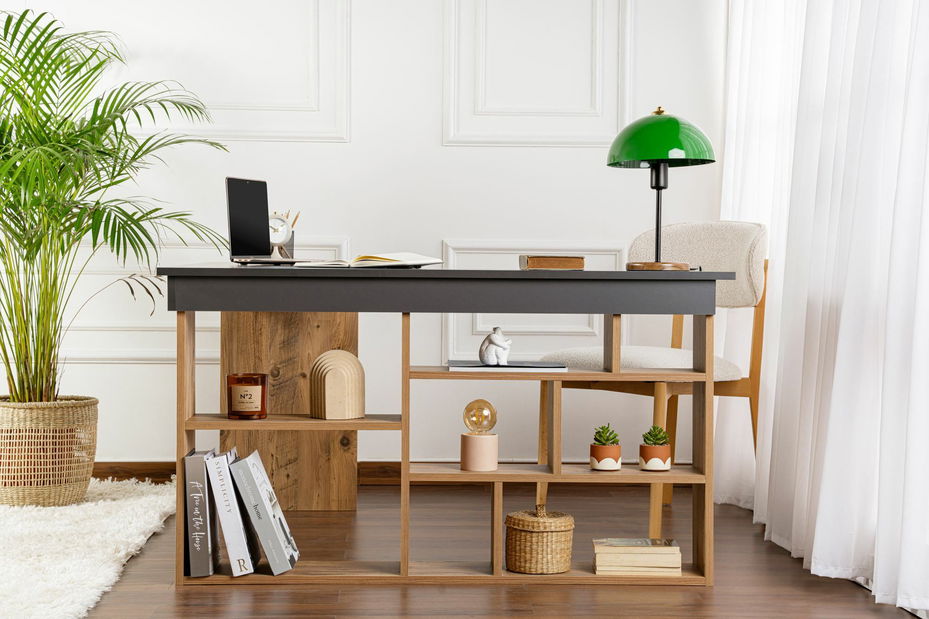 Rohový PC stolík Cete (antracit + borovica atlantická)