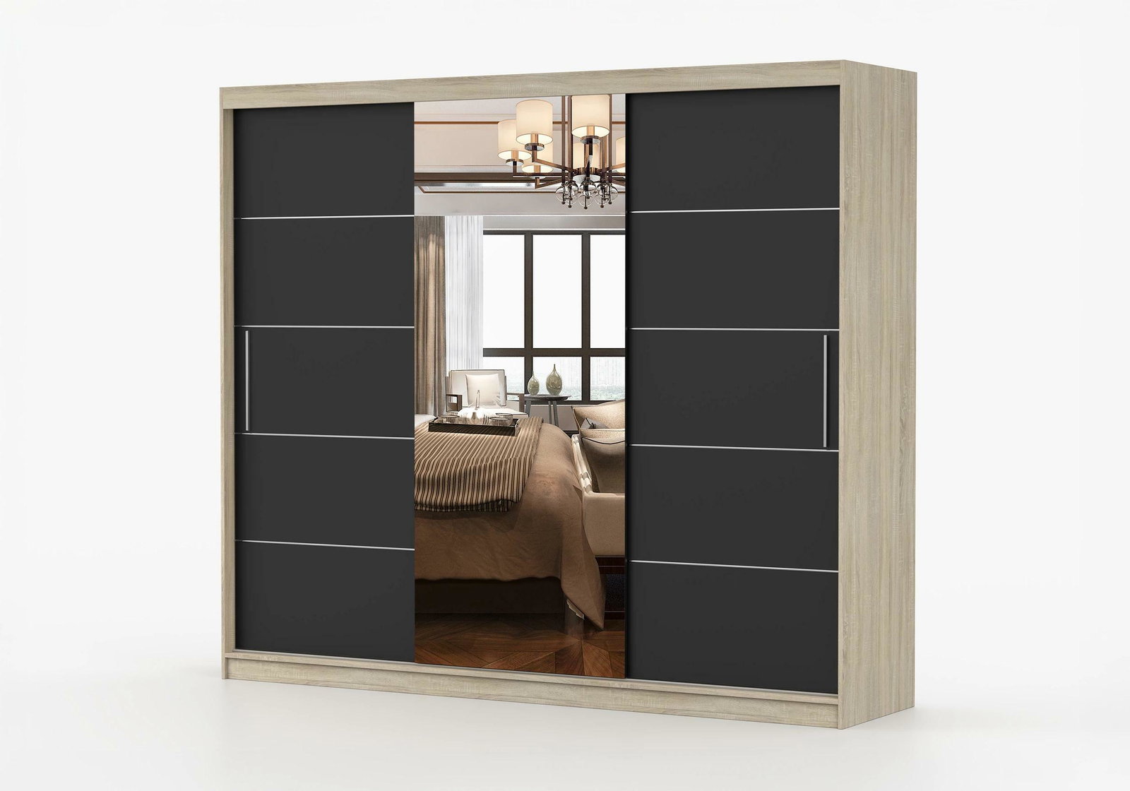 Ruhásszekrény Arrun (Sonoma tölgy + Fekete + Tükör)