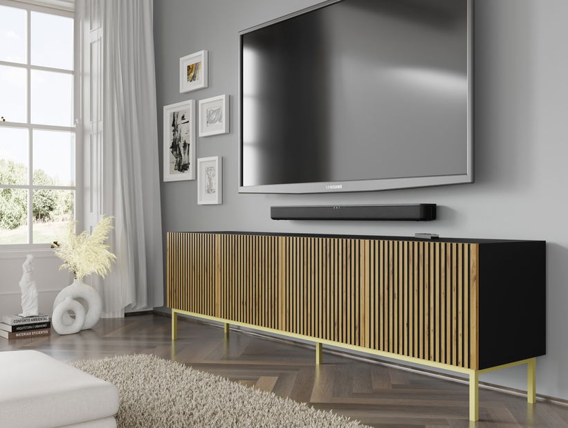 TV stolić/ormarić F 4D 200 Rowanna (hrast artisan + crna + zlatna)