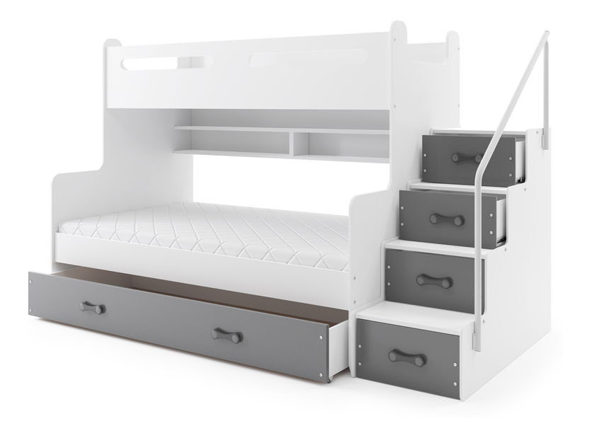 Emeletes ágy 120 x 200 cm Moxxo 3 (fehér + grafit) (ágyrácsokkal és tárolóhellyel)