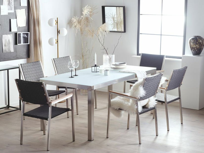 Set de masă pentru grădină Grosso (negru) (blat alb din sticlă) (scaune din ratan)