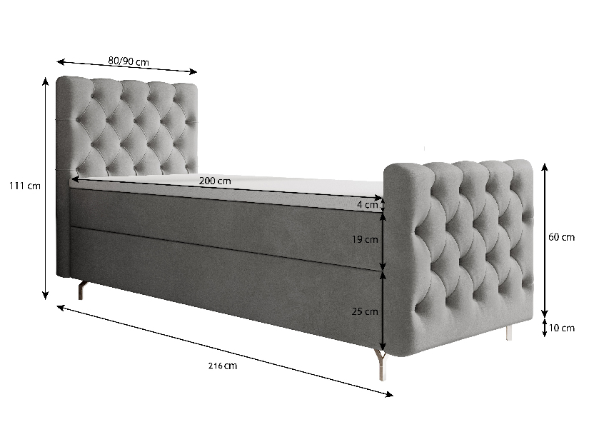 Jednolôžková posteľ 90 cm Clinton Bonell (sivá) (s roštom, s úl. priestorom)
