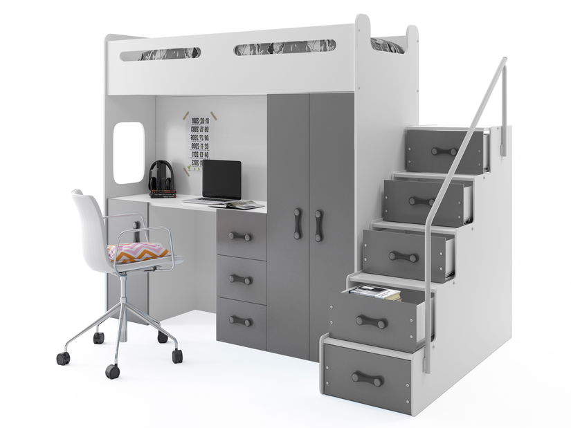 Emeletes ágy 80 x 200 cm Moxxo 4 (fehér + grafit) (ágyrácsokkal és tárolóhellyel)