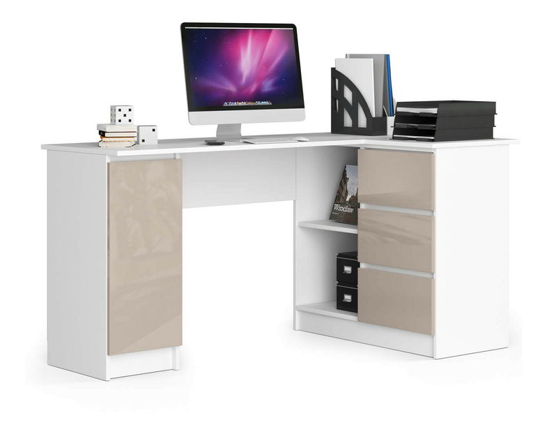 Masă PC de colț Bevin (alb + cappuccino lucios) (D)