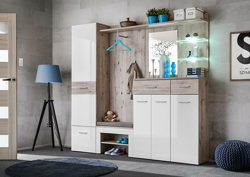 Mobilier hol Geraldo 4 (stejar wellington + alb lucios) (cu oglindă) (cu iluminat