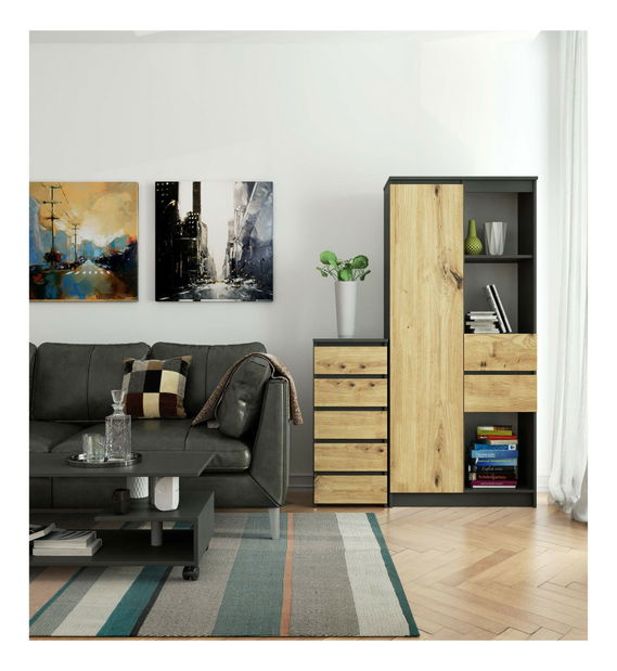 Comodă Cipriano III (grafit gri + stejar artisan)